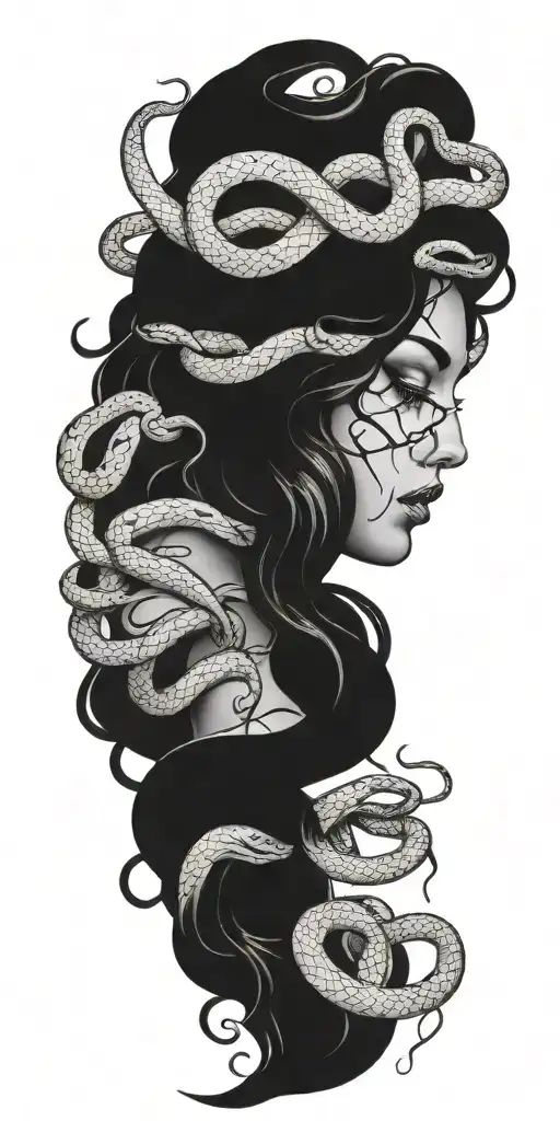Medusa crying with snakes surrounding her in the woods  tattoo design idea