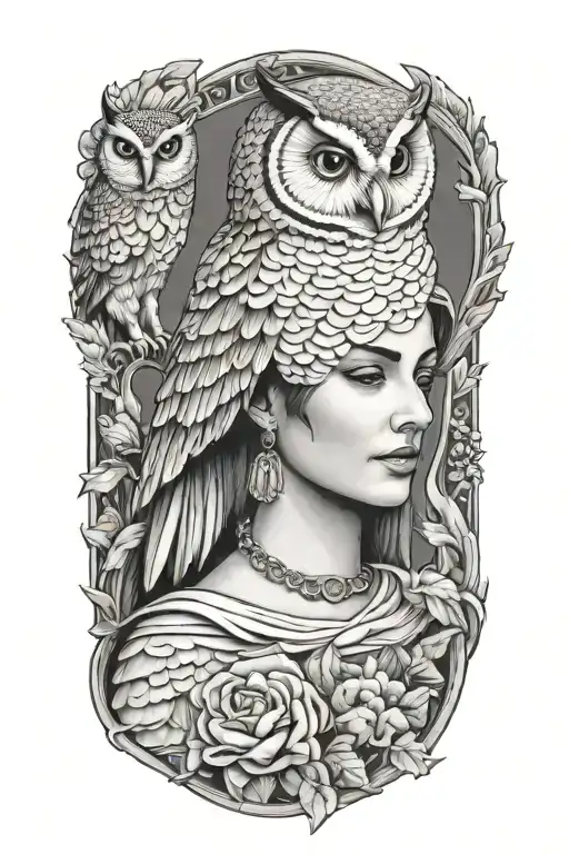 Athena smiling with owl perched tattoo design idea
