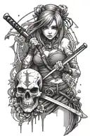 Realistic Anime Beautiful Warrior Girl Piercing A Bloody Skull With A Katana Hourglass C tattoo design idea