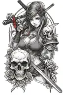 Realistic Anime Beautiful Warrior Girl Piercing A Bloody Skull With A Katana Hourglass C tattoo design idea