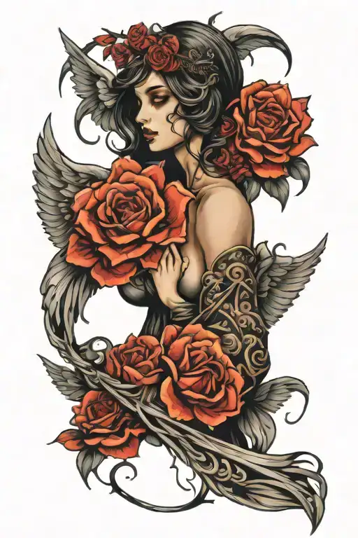 dark girl angelic arm sleeve tattoo tattoo design idea