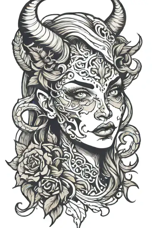 half female face half demon girl tattoo design idea