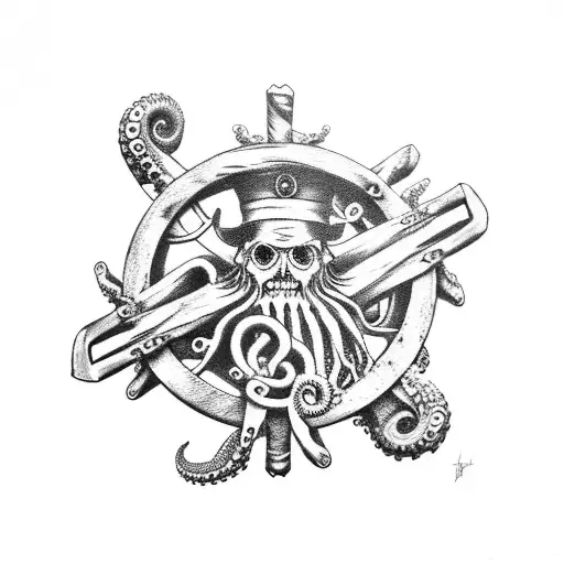 undead pirate holding ships wheel with octopus underneath tattoo design idea