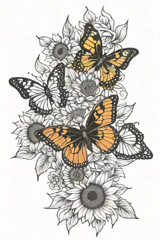 butterflies and sunflower arm sleeve in black and white tattoo design idea