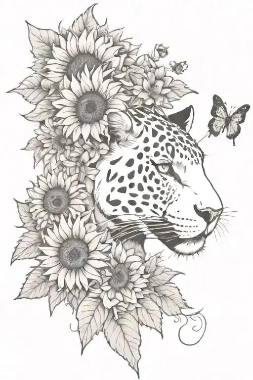 Shoulder Tattoo, panther head, sunflowers, and butterflies  tattoo design idea
