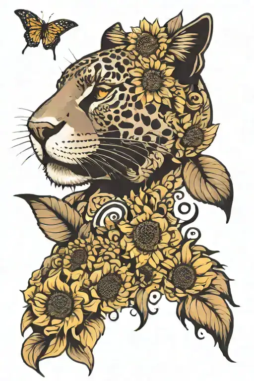 Shoulder Tattoo, Panther head, sunflowers, and butterflies  tattoo design idea