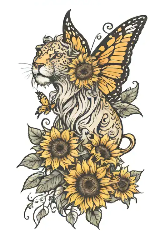 Shoulder Tattoo, lion head, sunflowers, and butterflies  tattoo design idea