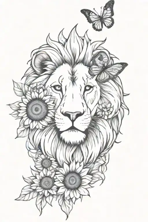 Shoulder Tattoo, lion head, sunflowers, and butterflies  tattoo design idea
