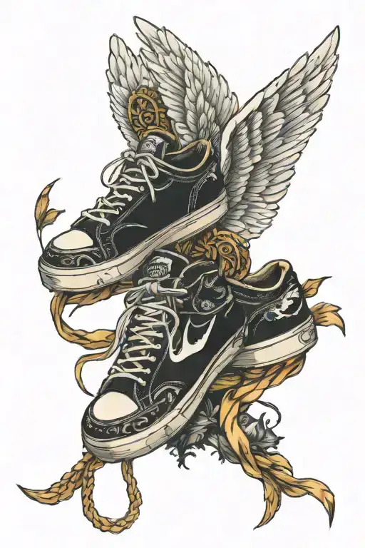tied running shoes with wings tattoo design idea