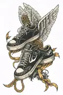 tied running shoes with wings tattoo design idea