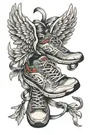 tied running shoes with angel wings tattoo design idea