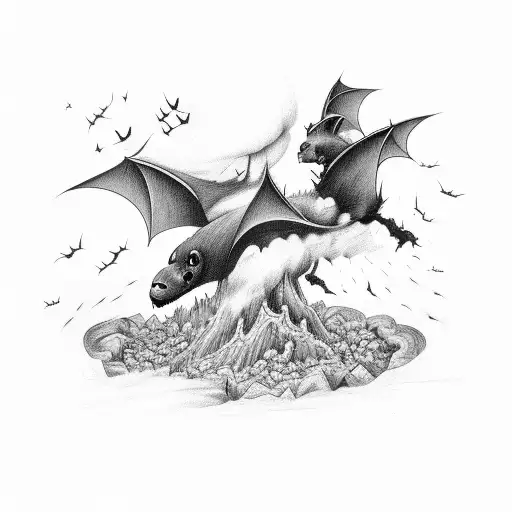A tornado swirling above a cave entrance with bats flying out tattoo design idea