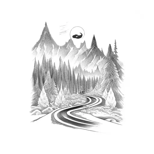 A road winding through a dense forest with a carpenter's hammer and saw on the side tattoo design idea