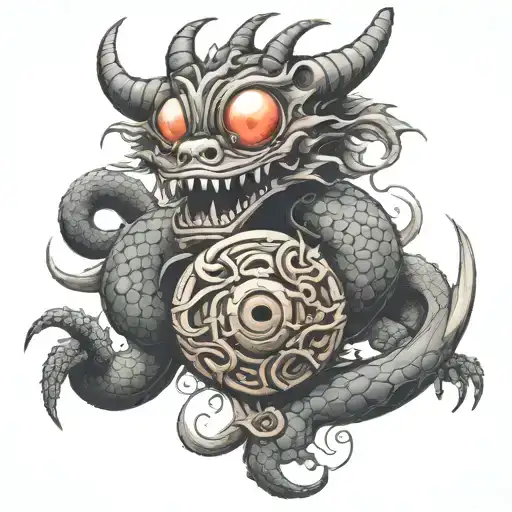 A tattoo design combining a Beholder and a dragon in a new-school style tattoo design idea