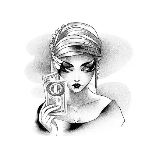 A mysterious woman in a black dress holding a stack of money tattoo design idea