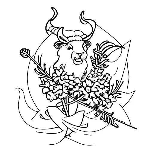 honeysuckle and carnation with ram horns and bow and arrow tattoo design idea