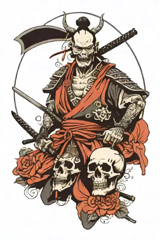 samurai with a skull instead of a head and a clock next to it tattoo design idea