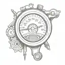 A tattoo of a car dashboard with the speedometer needle pointing to a heart symbol, symbolizing love for cars and speed tattoo design idea