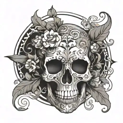 neo-Gothic Art Nouveau floral skull, disturbing, ominous tattoo design idea