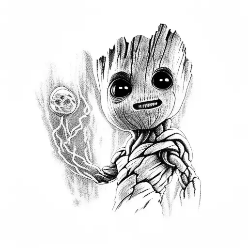 baby groot pulling a zipper shut tattoo design idea