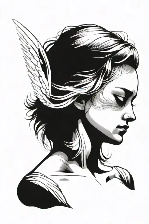 crying angel with closed eyes in half profile tattoo design idea