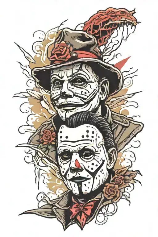 retro horror characters like Michael Myers, leather face, jason voorhees, freddy kruger  tattoo design idea