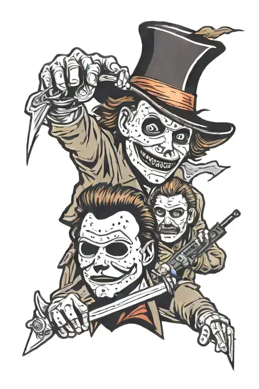 retro horror characters like Michael Myers, leather face, jason voorhees, freddy kruger  tattoo design idea