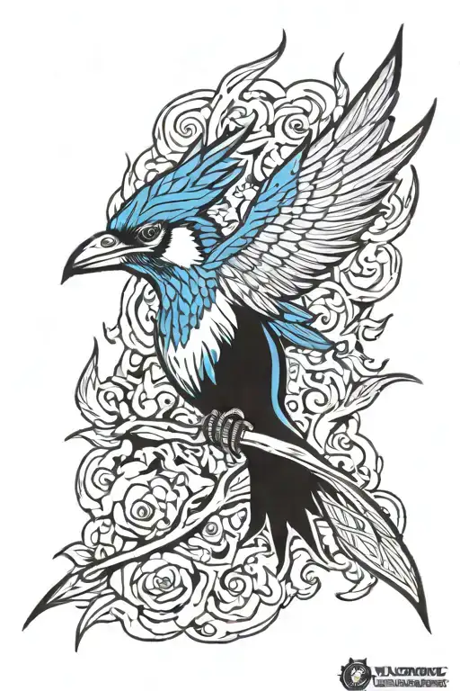 curving lightning bolt, blue jay, Raptor, flames tattoo design idea