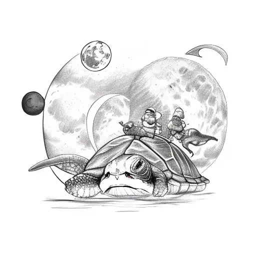 A sketch-style tattoo depicting a papa turtle leading a group of dinosaur friends on a camping adventure under a crescent moon tattoo design idea