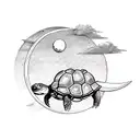 A sketch-style tattoo depicting a papa turtle leading a group of dinosaur friends on a camping adventure under a crescent moon tattoo design idea