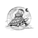 A sketch-style tattoo depicting a papa turtle leading a group of dinosaur friends on a camping adventure under a crescent moon tattoo design idea