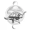 A sketch-style tattoo depicting a papa turtle leading a group of dinosaur friends on a camping adventure under a crescent moon tattoo design idea