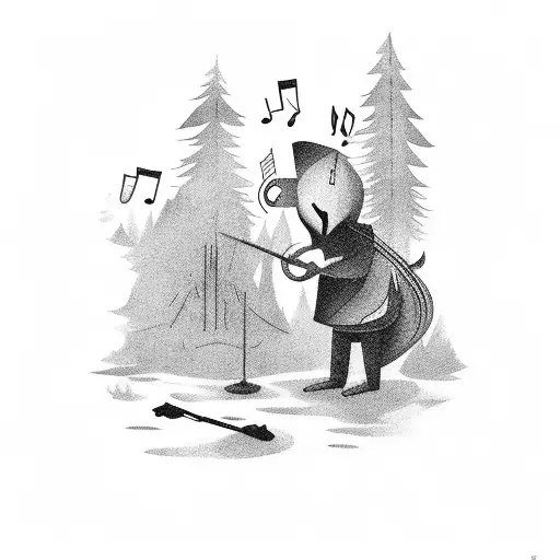 An outcast figure playing a musical instrument in a dark forest tattoo design idea