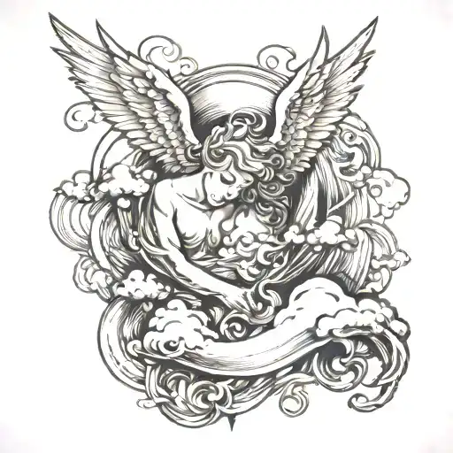 angelic clouds banner RIP tattoo design idea