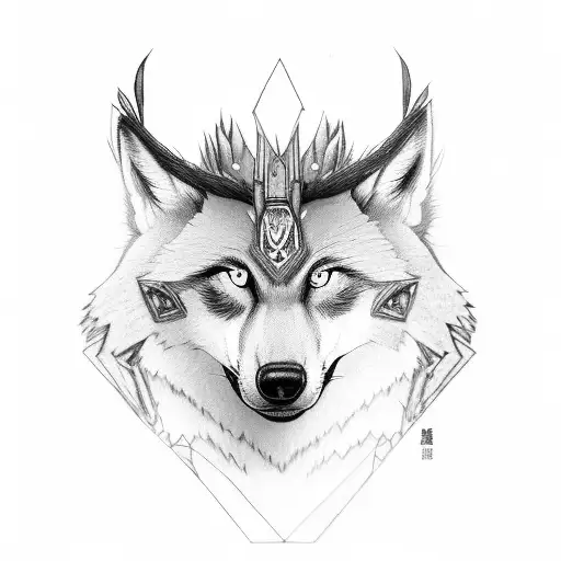 Shaman girl with wofl on head. very realistic girl blonde hair  tattoo design idea