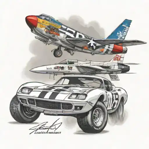 Design a tattoo of a NASCAR car racing alongside a fighter jet tattoo design idea