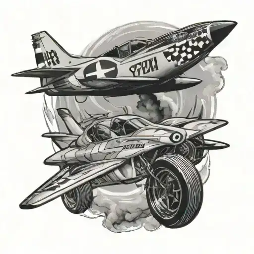 Design a tattoo of a NASCAR car racing alongside a fighter jet tattoo design idea