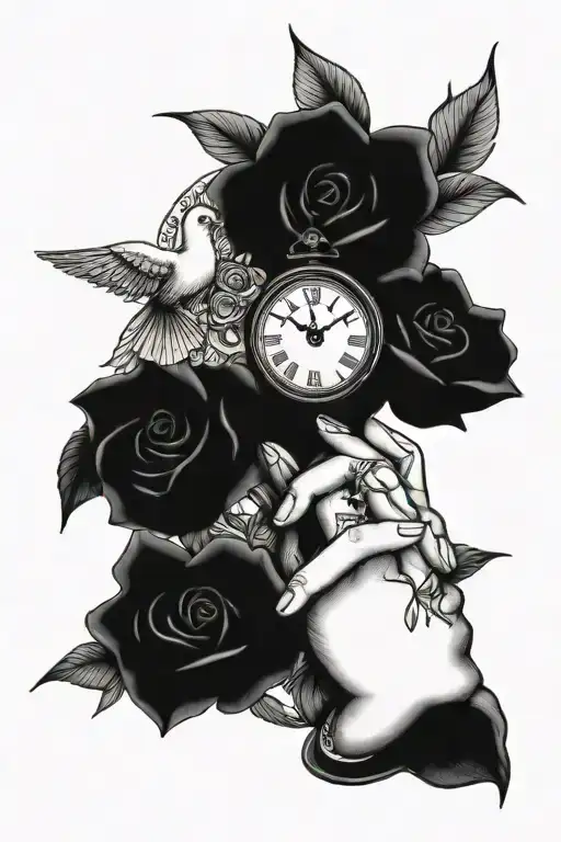 The hand, the dove, the clock, I need the cross and the rose tattoo design idea