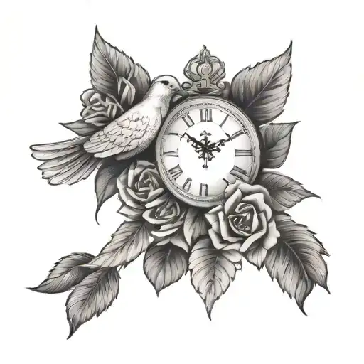 The hand, the dove, the clock, the cross and the rose tattoo design idea