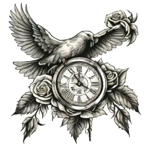 The hand, the dove, the clock, the cross and the rose tattoo design idea