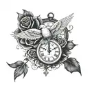 The hand, the dove, the clock, the cross and the rose tattoo design idea