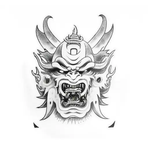 oni mask just above the knee split in half during battle tattoo design idea