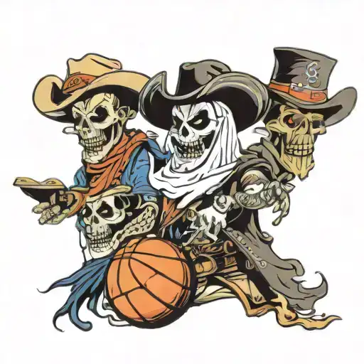 3 ghost, one holding a basketball, one as a coach, one wearing a western cowboy hat  tattoo design idea
