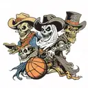 3 ghost, one holding a basketball, one as a coach, one wearing a western cowboy hat  tattoo design idea