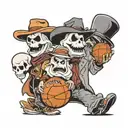 3 ghost, one holding a basketball, one as a coach, one wearing a western cowboy hat  tattoo design idea