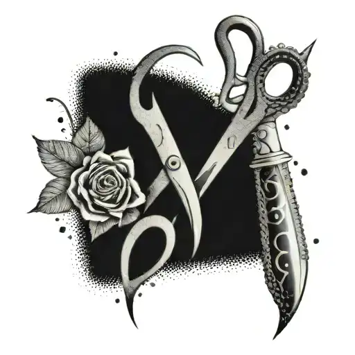 A pair of scissors and a joint crossed together with music notes in the background tattoo design idea