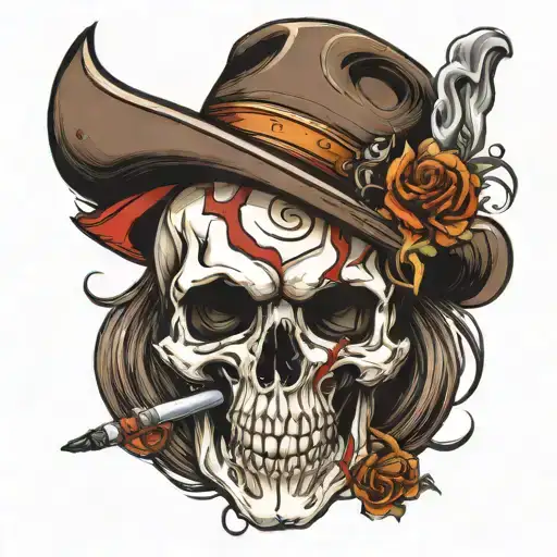 skull smoking a blunt with a cowboy hat tattoo design idea