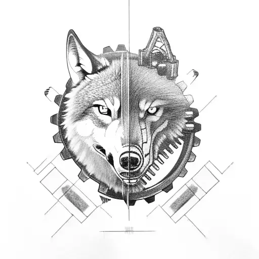 A mechanical wolf with gears and wrenches as its body, surrounded by hunting arrows tattoo design idea