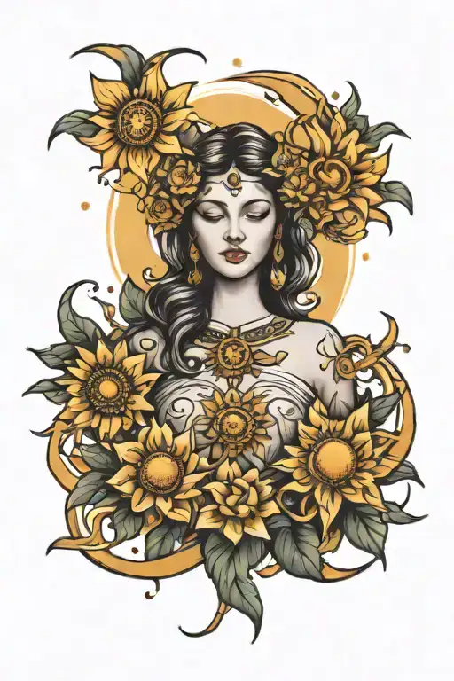 goddess, sun, moon, flowers intertwined tattoo design idea
