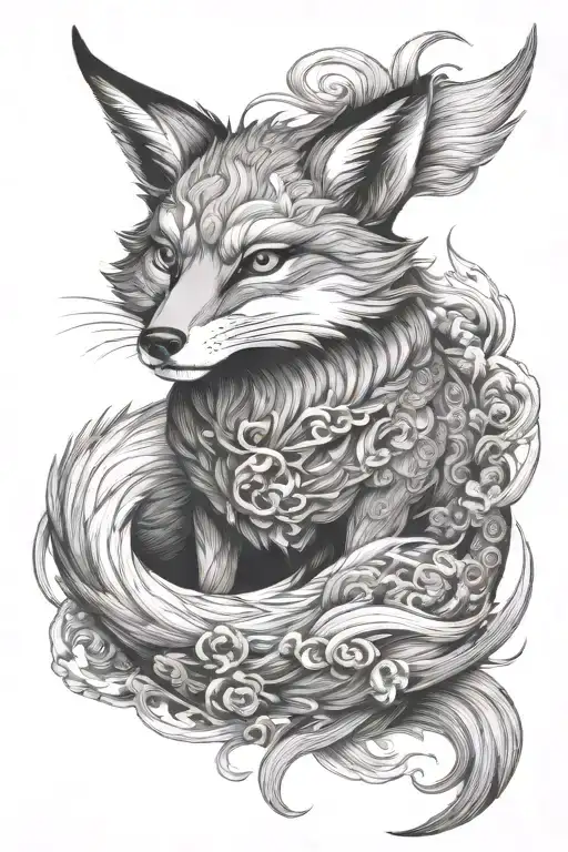 mystical legendary fox with nine tails, show full body sitting facing foward tattoo design idea